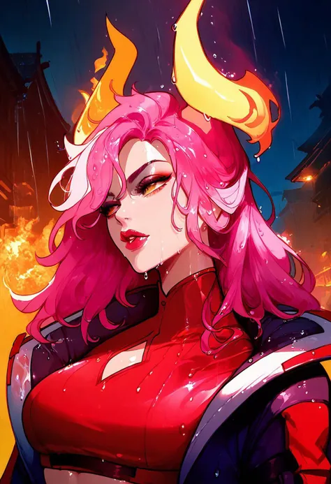 score_9, score_8_up, score_7_up, 1girl,  ultra detailed, LunaMF,pink hair, yellow glowing horns, crop top, jacket, long hair, older girl, burning fire, night city, night lights, rain, wet, burning fire