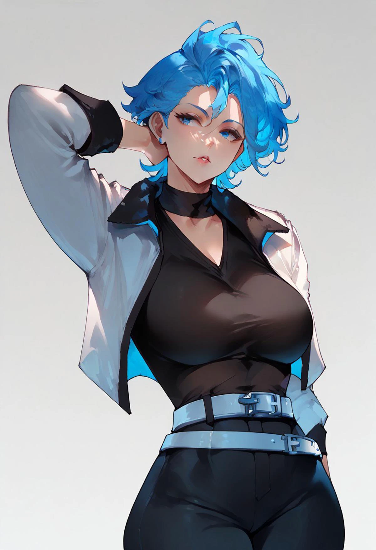 score_9, score_8_up, score_7_up, 1girl, ultra detailed, Grimmjow, white crop jacket, black shirt, black pants, white belt, blue hair, blue eyes, large breasts
