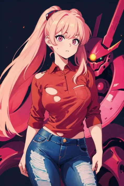 girl, (hotify,digital art,fit,hot body,instagram:1.2),(mecha:1.4), (Ancient,Dark Background:1.4),Thicc,Fat Breasts,(Playing Videogames),Long Hair,Pigtail,(pink Collared Shirt,scarlet Torn Jeans:1.3),neon genesis evangelion,Collar ,(masterpiece,detailed,highres:1.4) <lora:summer:1.0>