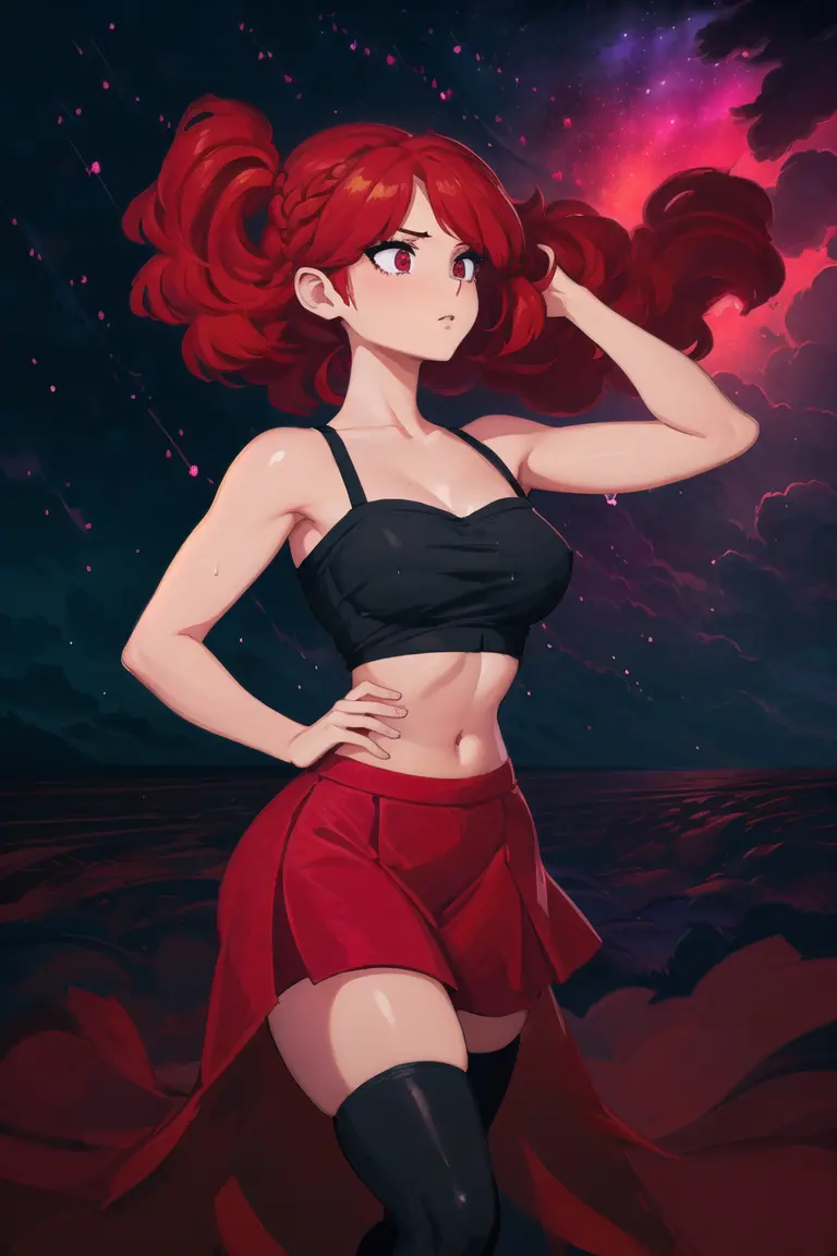 girl, (hotify,digital art,fit,hot body,instagram:1.2),(girlfriend:1.4), (Rainstorm,Night Sky Background:1.4),Fat,Flat Chest,Medium Hair,French Braid,(crimson Bardot Top,maroon Skirt:1.3),danganronpa,Thighhighs ,(masterpiece,detailed,highres:1.4) <lora:summer:1.0>