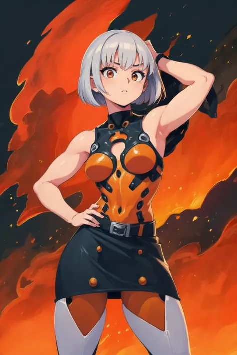 girl, (hotify,digital art,fit,hot body,instagram:1.2),(robot:1.4), (Modern,Lava Background:1.4),Muscular,Very Small Breasts,(Hands above the head),Medium Hair,Bob Hair,(silver Belted Top,orange Bodycon skirt:1.3),fate (series),Firefighter Outfit ,(masterpiece,detailed,highres:1.4) <lora:summer:1.0>