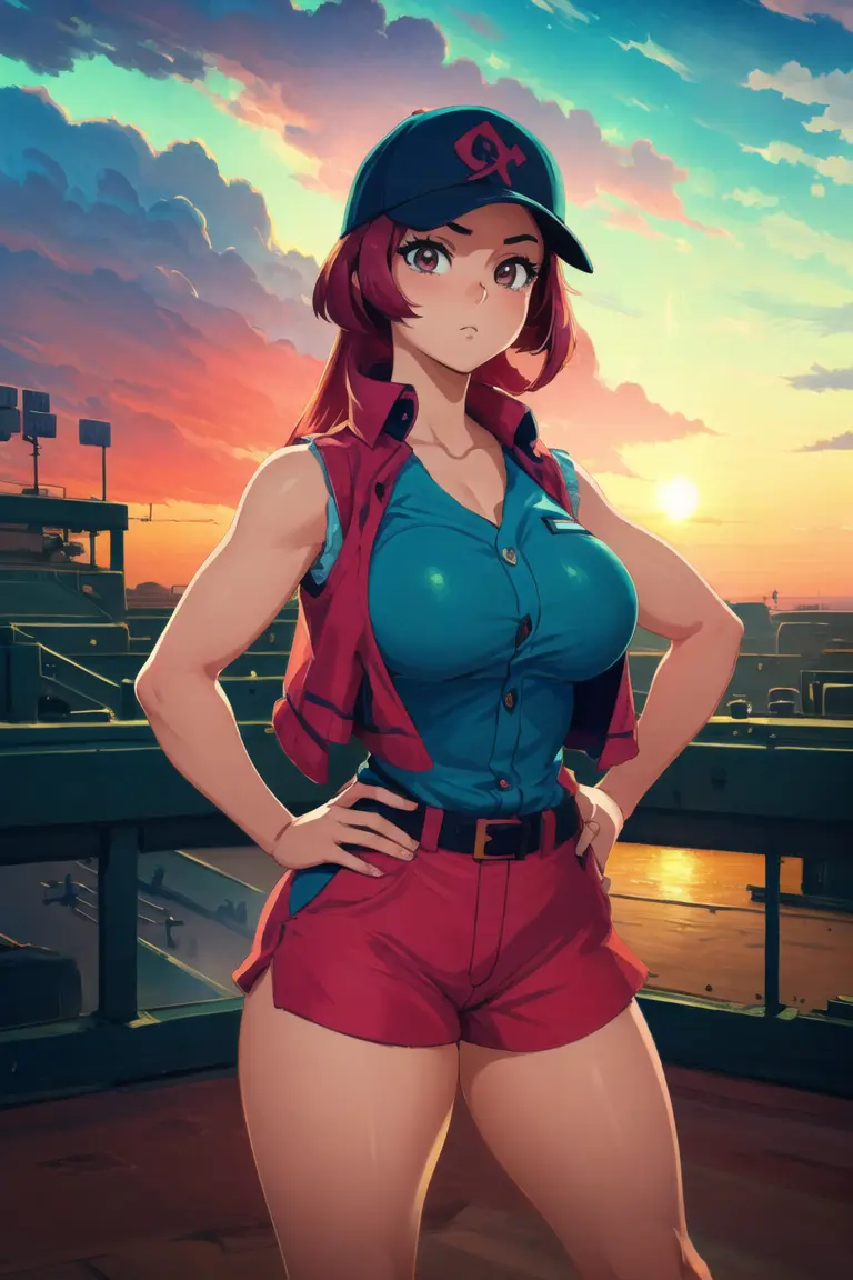girl, (hotify,digital art,fit,hot body,instagram:1.2),(waifu:1.4), (Sunset,Baseball Background:1.4),Plus Size,Massive Breasts,(Standing with hand on hip),Very Long Hair,Bob Hair,(turquoise Vest,crimson Shorts:1.3),persona,Pink Dress ,(masterpiece,detailed,highres:1.4) <lora:summer:1.0>