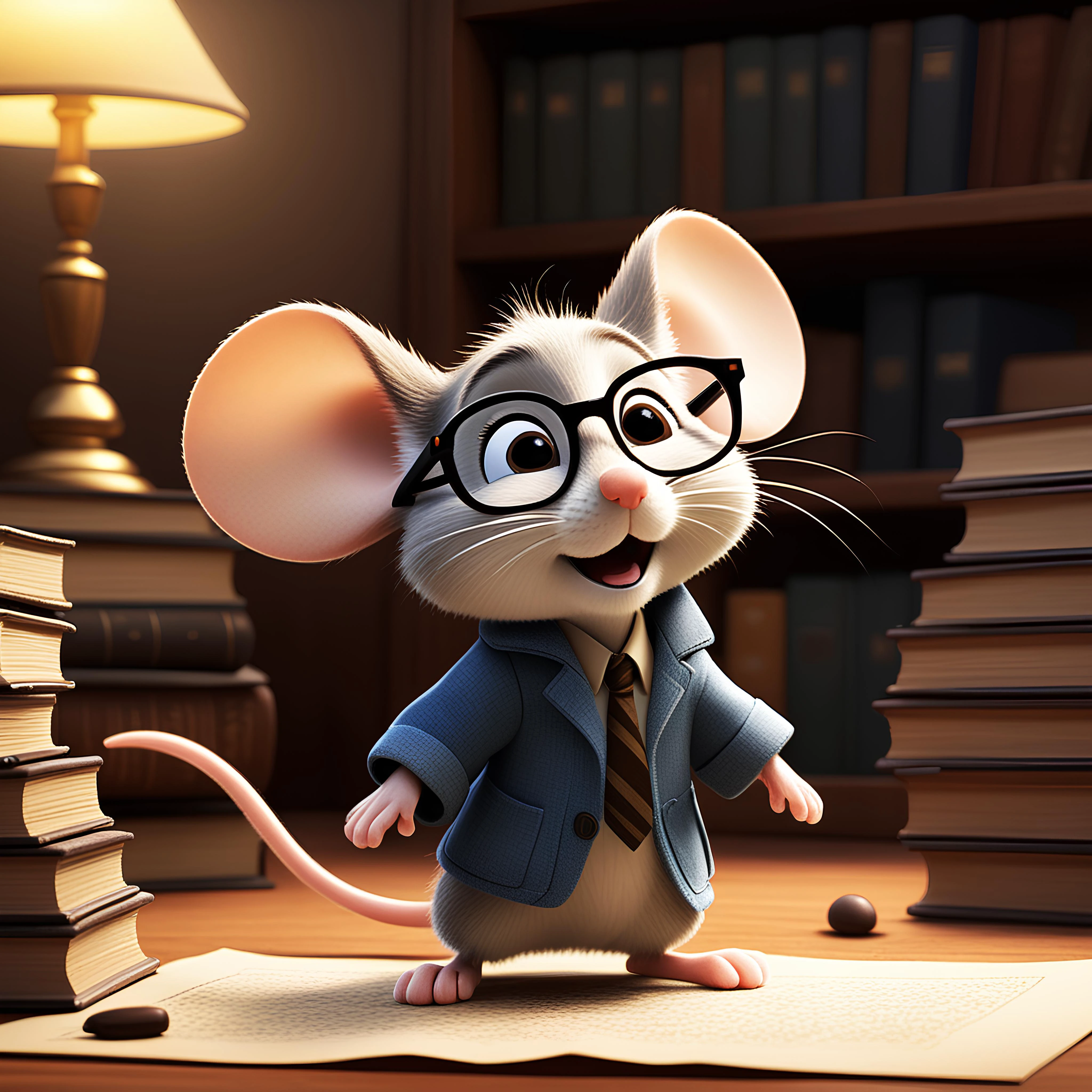 pixar cartoon drawing of a cute archivist mouse wearing glasses, (faints)+++, collapses, cinematic, dramitic, masterpiece, high quality, full body view from top,