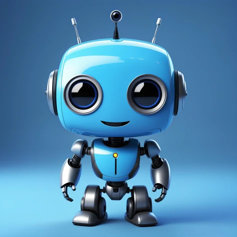 cartoon drawing of a cute robot, looking at viewer, blue body, smile, side view, cinematic, dramitic, masterpiece, high quality, pixar style,