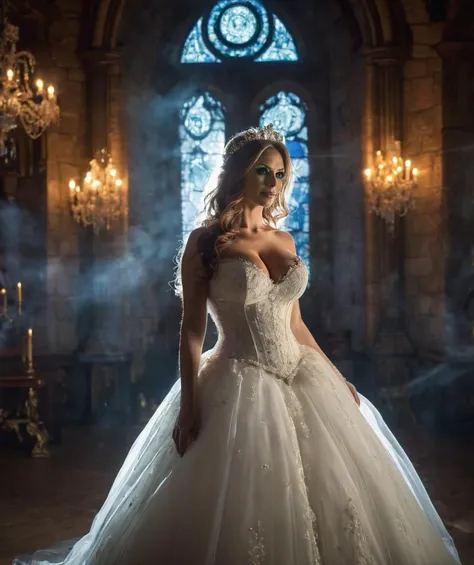 Fairy tale photo, reality, hyper detailed,
42 year old busty bride, (translucent),  wedding room in castle at midnight,
translucent ghost inside room, backlights effectivly flickering
glasses, nerdy, . Magical, fantastical, enchanting, storybook style, highly detailed