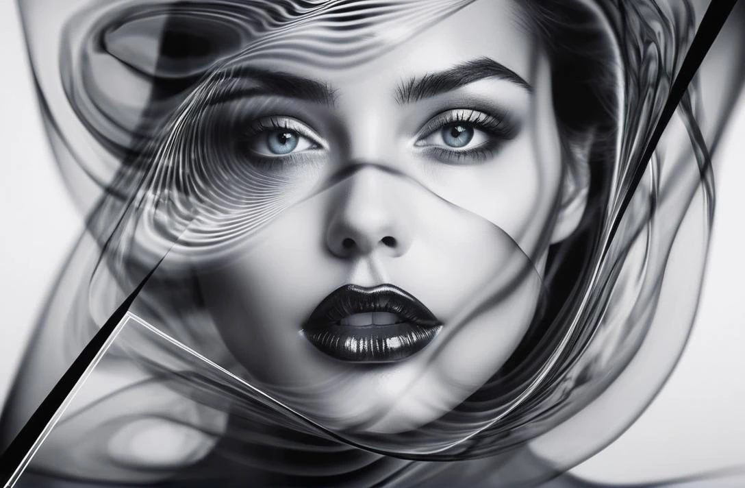 Dreamscape stylish portrait of a dissolving face, combination drawing and photo, blurring from the centre of the image outwards in cosinus waves
black big glossy lips, reflection in eyes, triangle as small black lines, . Surreal, ethereal, dreamy, mysterious, fantasy, highly detailed