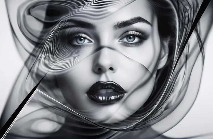 Dreamscape stylish portrait of a dissolving face, combination drawing and photo, blurring from the centre of the image outwards in cosinus waves
black big glossy lips, reflection in eyes, triangle as small black lines, . Surreal, ethereal, dreamy, mysterious, fantasy, highly detailed