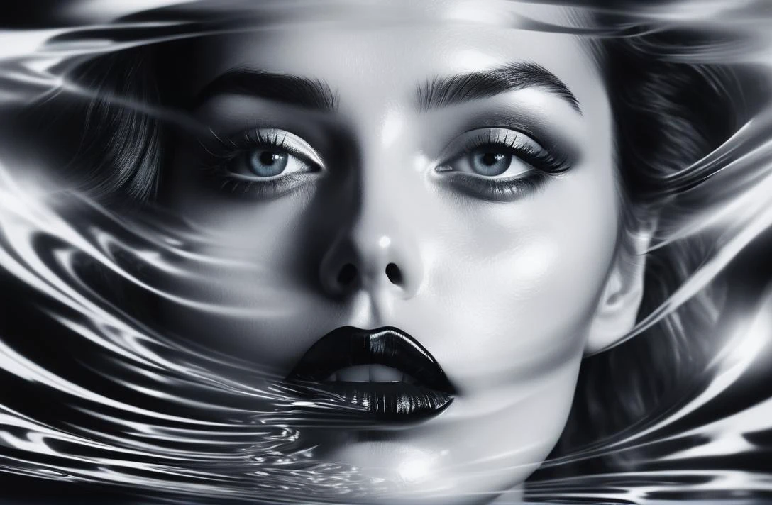 Dreamscape stylish portrait of a dissolving face, combination drawing and photo, blurring from the centre of the image outwards in cosinus waves
black big glossy lips, reflection in eyes, triangle as small black cuts, . Surreal, ethereal, dreamy, mysterious, fantasy, highly detailed