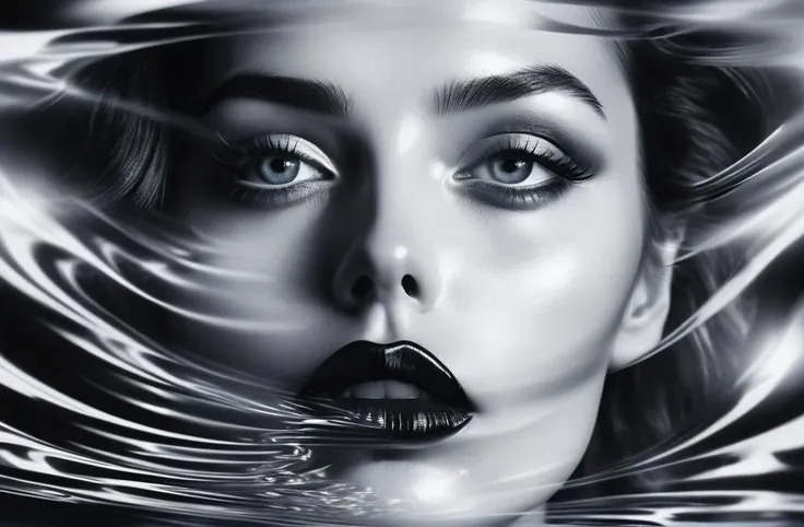 Dreamscape stylish portrait of a dissolving face, combination drawing and photo, blurring from the centre of the image outwards in cosinus waves
black big glossy lips, reflection in eyes, triangle as small black cuts, . Surreal, ethereal, dreamy, mysterious, fantasy, highly detailed
