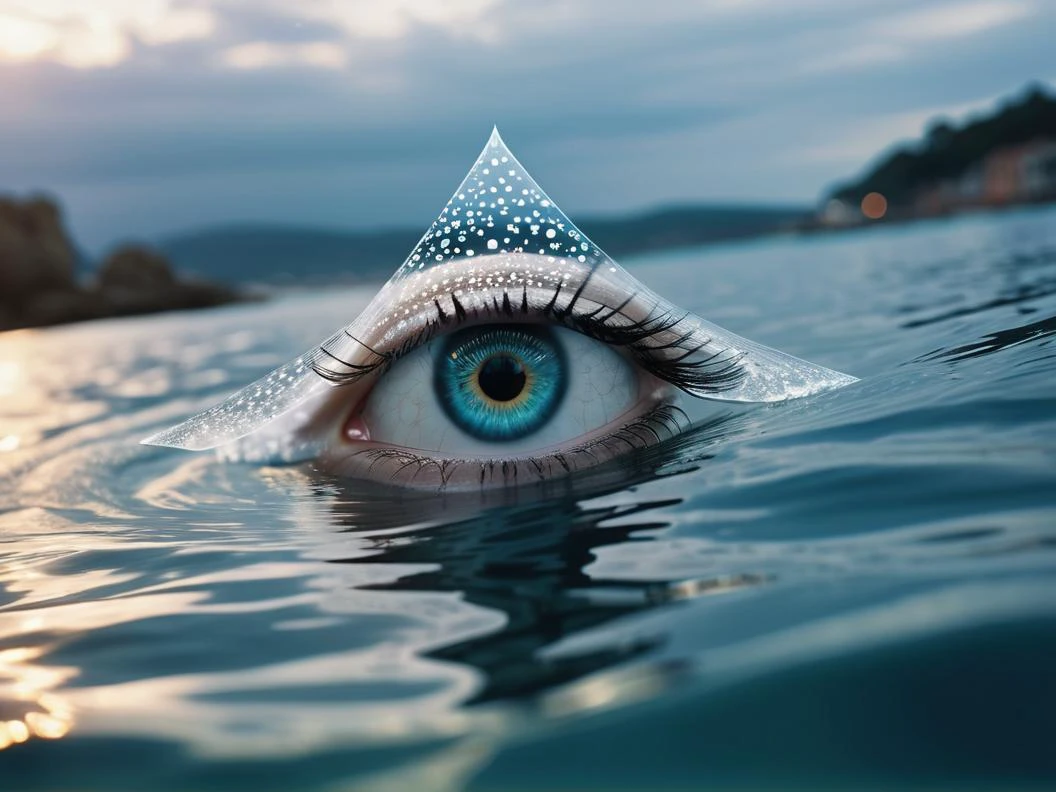 cinematic photo dissolving eye of god, combination drawing and photo, blurring from the centre of the image flying waterperls outwards in quader waves like a veil,
triangle as small black lines , intricate skin of animal, viewer just under water, magic port entrance! . 35mm photograph, film, bokeh, professional, 4k, highly detailed