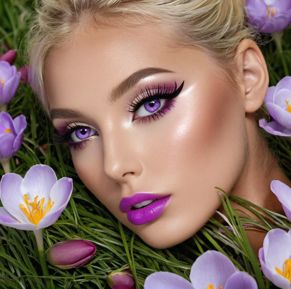 professional 3d model eyes consists of flowers wide open eyes out of roses, intricate eyes, detailed eyes, focus on eyes, hair made of grass side_buns, crocus sprouts from the pores, violet flowers,
photo, reality, hyper detailed, blonde grass, colorful:lips, imperfect skin, heavy makeup, tanned muddy skin, . octane render, highly detailed, volumetric, dramatic lighting