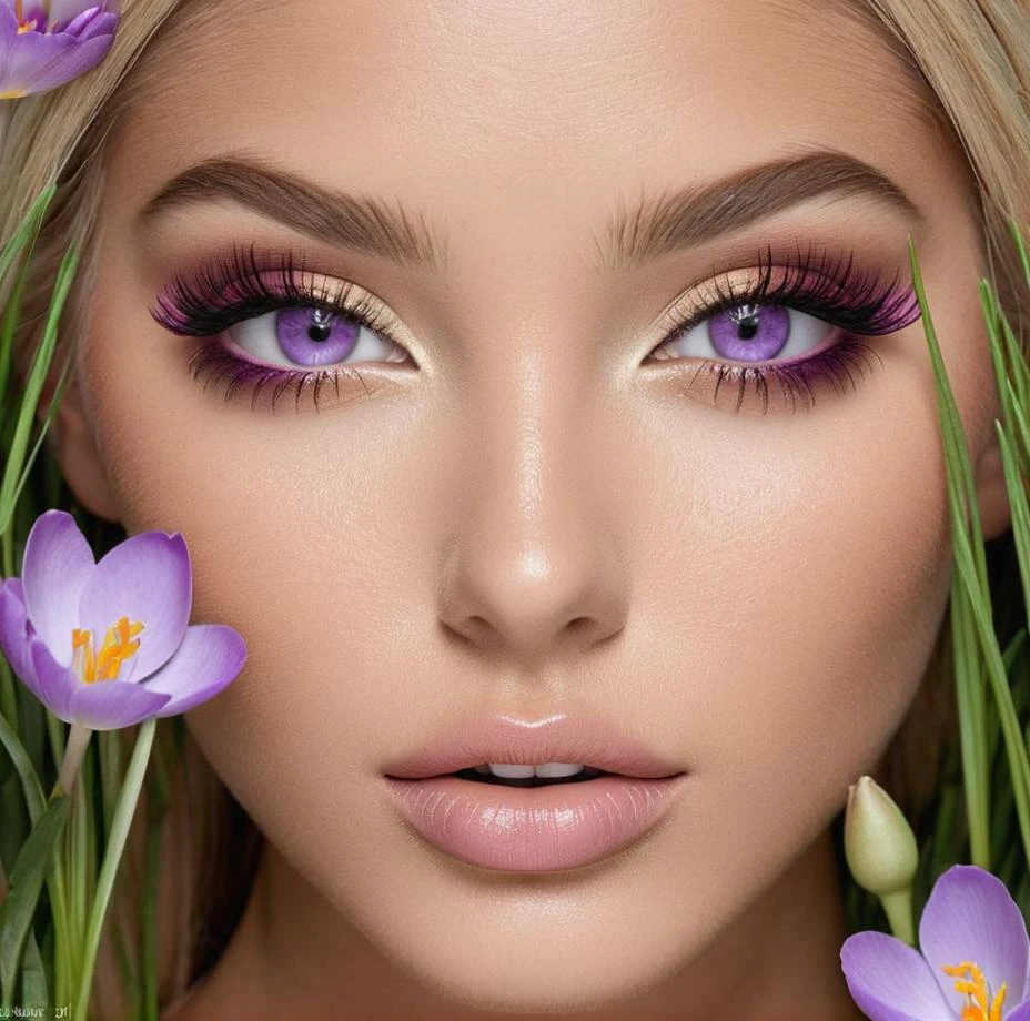 professional 3d model eyes consists of flowers wide open eyes out of roses, intricate eyes, detailed eyes, focus on eyes, hair made of grass side_buns, crocus sprouts from the pores, violet flowers,
photo, reality, hyper detailed, blonde grass, colorful:lips, imperfect skin, heavy makeup, tanned muddy skin, . octane render, highly detailed, volumetric, dramatic lighting