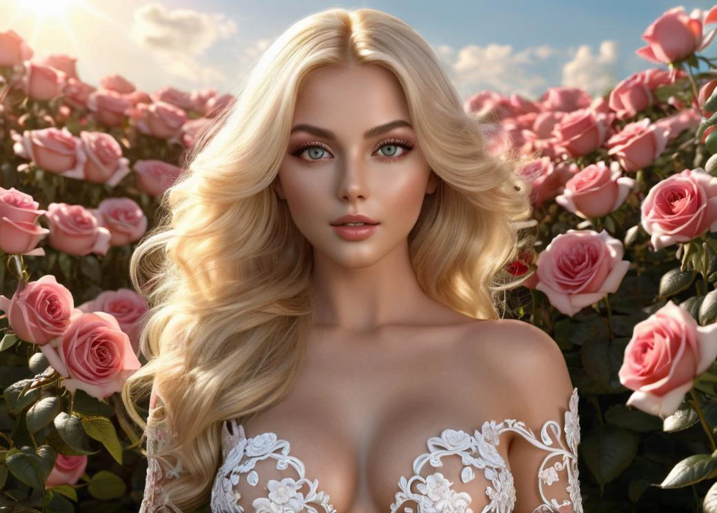 professional 3d model portrait of seductress girl, flowery meadow, wide hips, sun reflecting on her blonde shiny hair, standing
eyes consists of flowers wide open eyes out of roses, intricate eyes, detailed eyes, focus on eyes . octane render, highly detailed, volumetric, dramatic lighting