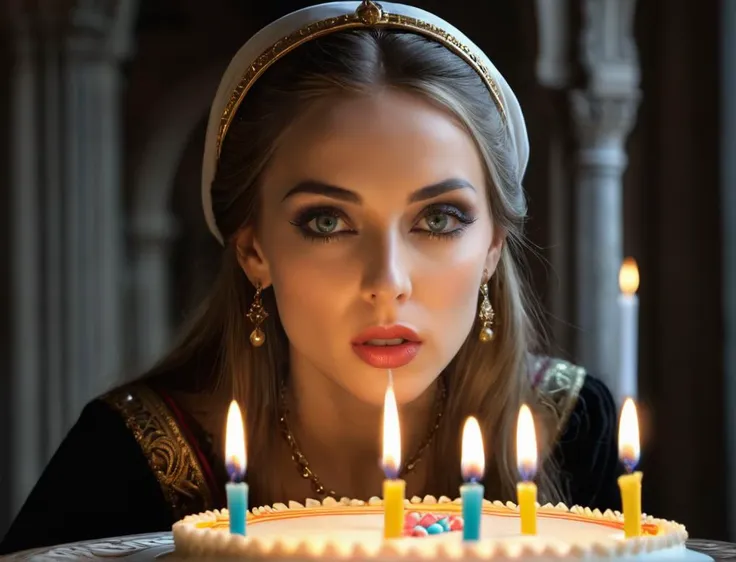 Renaissance style woman blowing birthday candles, intricate detailed eyes, . Realistic, perspective, light and shadow, religious or mythological themes, highly detailed