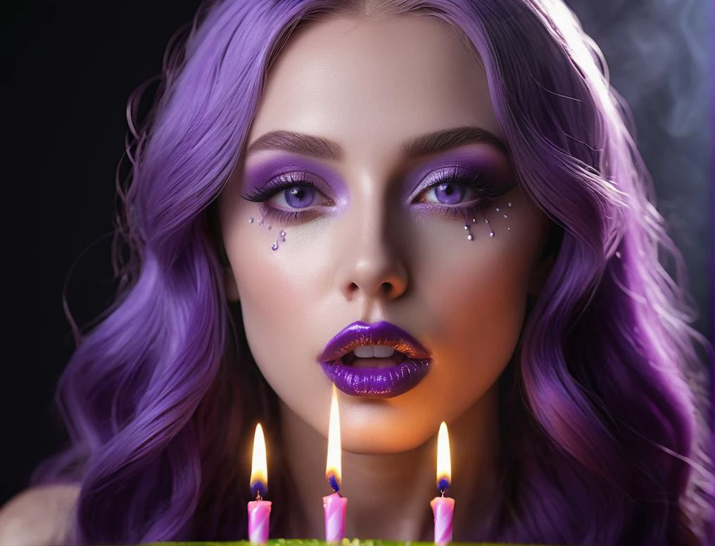 Renaissance style woman blowing birthday candles, intricate detailed purple_ eyes,
lips made of slime . Realistic, perspective, light and shadow, religious or mythological themes, highly detailed