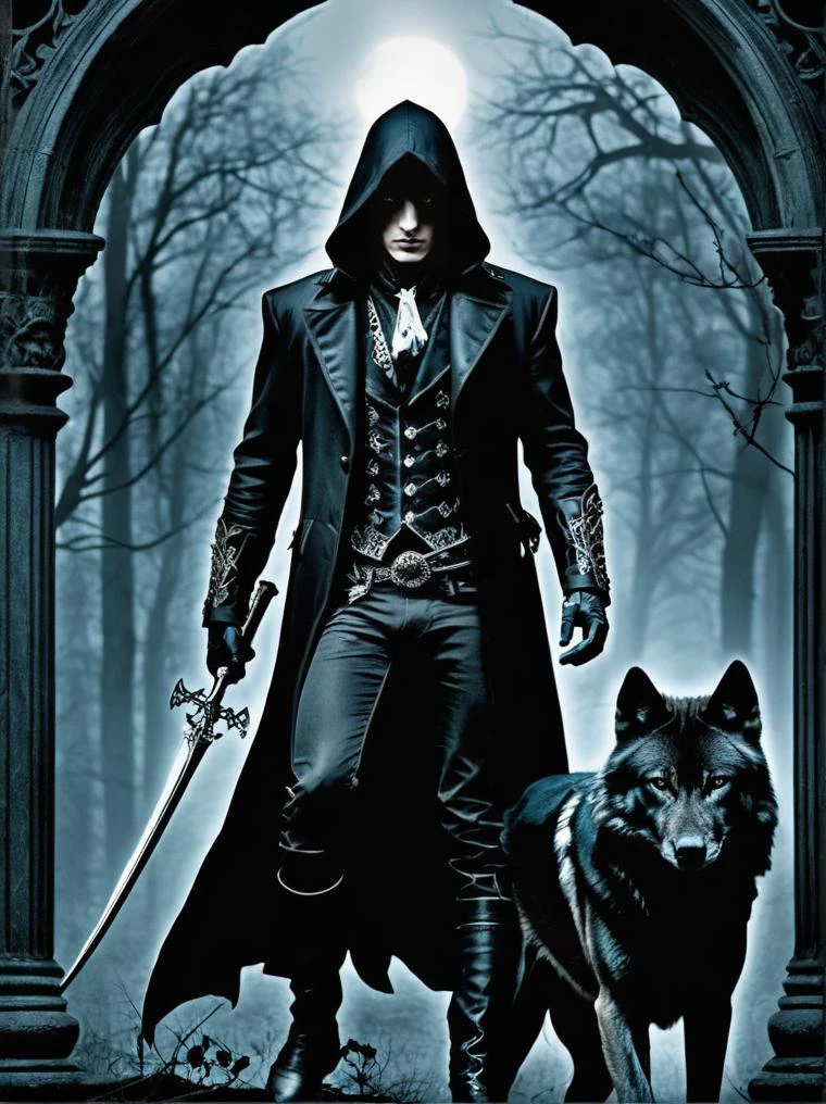 Gothic style man hunting wolf, . Dark, mysterious, haunting, dramatic, ornate, detailed