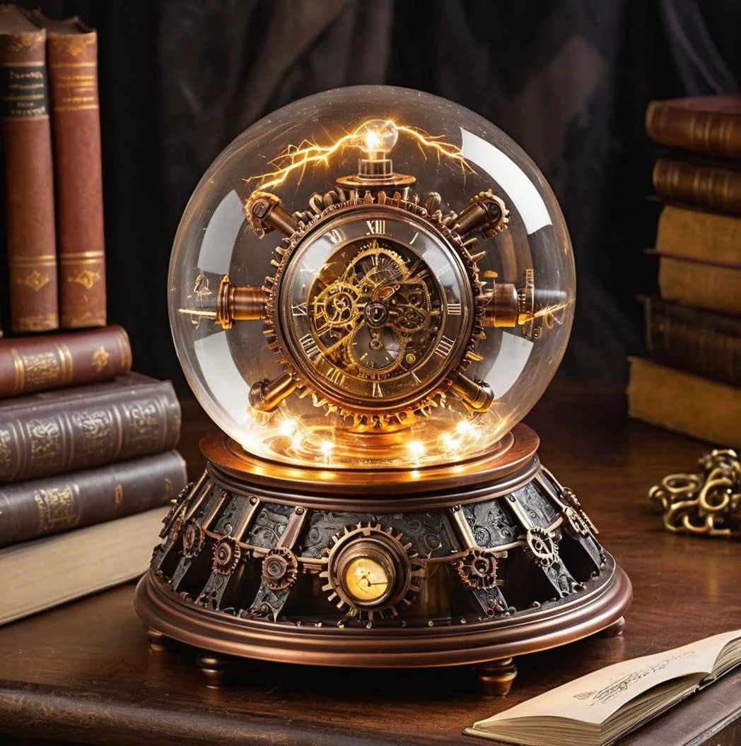 Steampunk style energyball in glass armour, intricate lightning effects inside the glass ball, reflecting flashes,
on magic table in hogwards, the ball displays digital time stamp . Antique, mechanical, brass and copper tones, gears, intricate, detailed