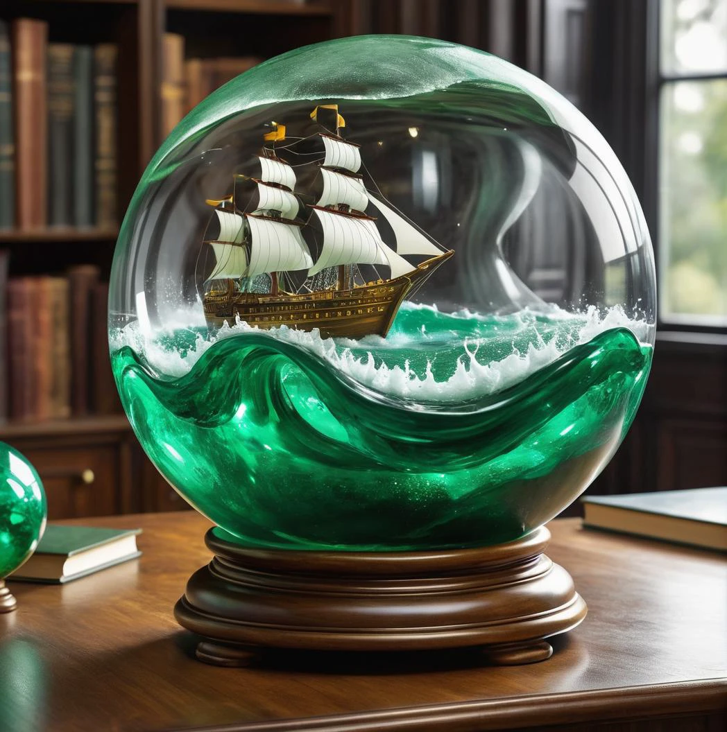 Cubist artwork ( green_waterfall in glass_ball):2 with seaship on wave, energyball in glass body, intricate lightning effects inside the glass ball, reflecting flashes,
on magic table in hogwards, the ball displays digital time stamp,
horror and magic, close,
background: hogwards magic table and library . Geometric shapes, abstract, innovative, revolutionary