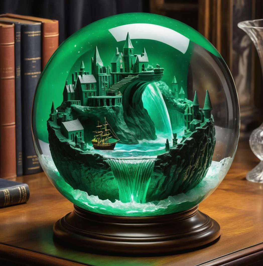 Cubist artwork ( green_waterfall in glass_ball):2 with seaship on wave, energyball in glass body, intricate lightning effects inside the glass ball, reflecting flashes,
on magic table in hogwards, the ball displays digital time stamp,
horror and magic, close, midnight dimly lit
background: hogwards magic table and library . Geometric shapes, abstract, innovative, revolutionary