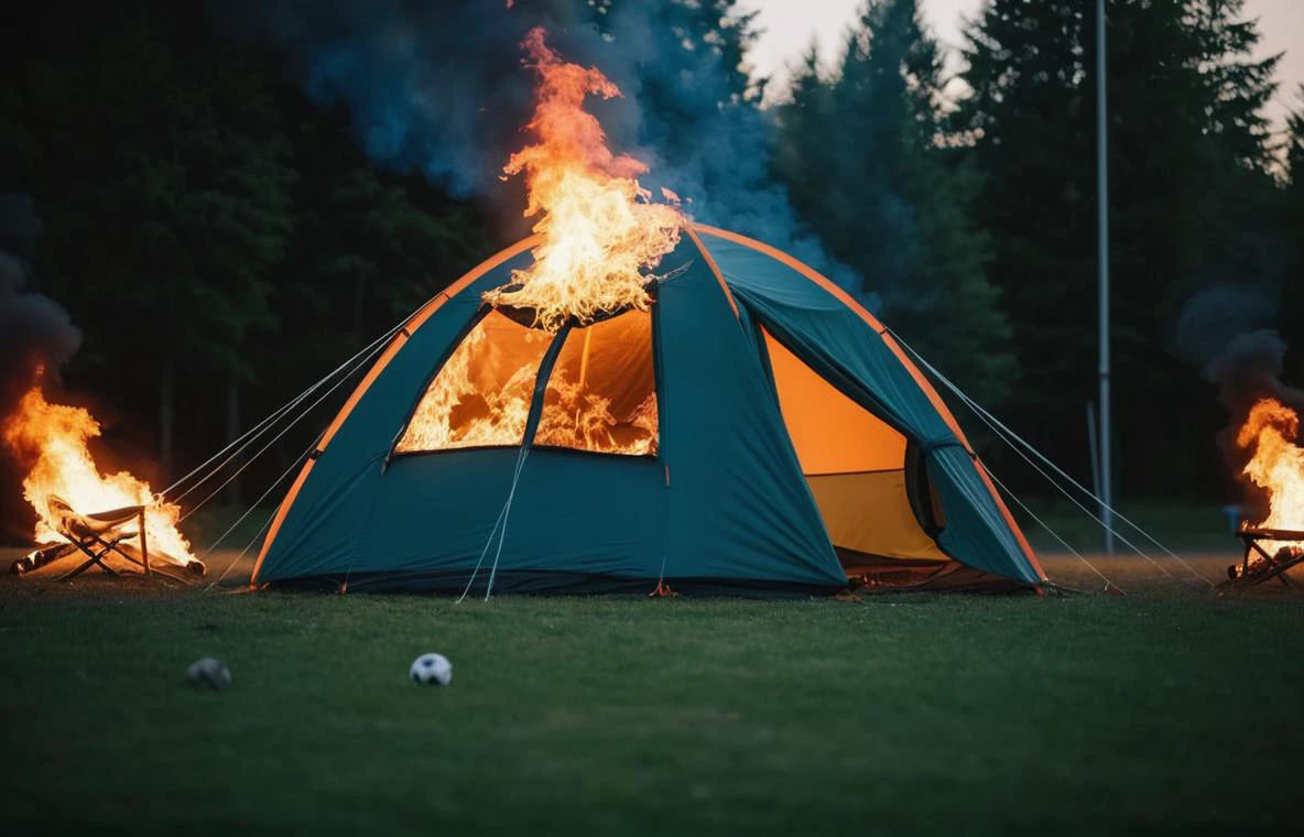cinematic photo burning tent of youth group in soccer camp . 35mm photograph, film, bokeh, professional, 4k, highly detailed