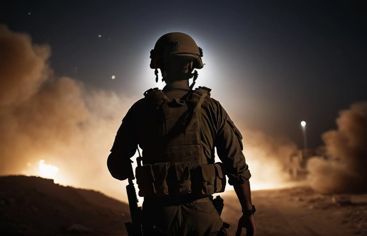 cinematic photo soldier take down in israel, gazah area, disturbing dust
midnight, dark theme . 35mm photograph, film, bokeh, professional, 4k, highly detailed