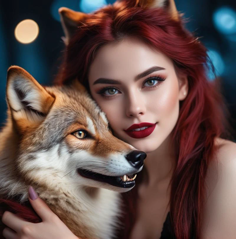 cinematic photo foxy lady(fangs) hugging furry wolf (fangs)
portrait++, detailed face, glossy lipstick,
. 35mm photograph, film, bokeh, professional, 4k, highly detailed