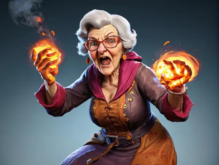 Fighting game style granny, talking to viewer, spitting fire, casting spell . Dynamic, vibrant, action-packed, detailed character design, reminiscent of fighting video games