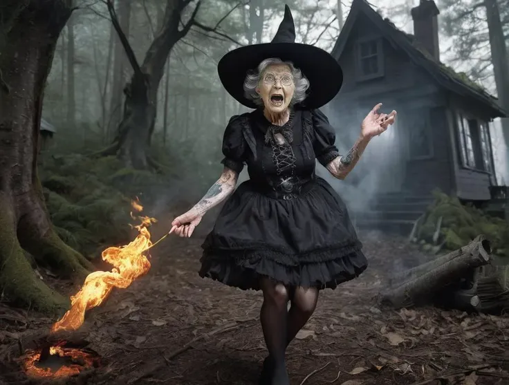 Hyperrealistic art monster_granny, talking to viewer, spitting fire tornade, casting spell, tattoos, gothic dress
witch house in forest, exposing panties, seductive spreading legs with tights, whitch magic hat,
detailed intricate face . Extremely high-resolution details, photographic, realism pushed to extreme, fine texture, incredibly lifelike