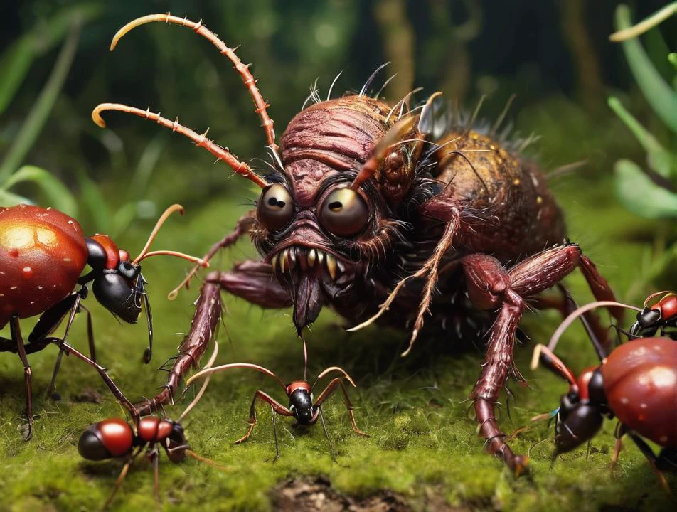 Dreamscape micro_monster_granny, fighting with big ants, land of dwarfs . Surreal, ethereal, dreamy, mysterious, fantasy, highly detailed