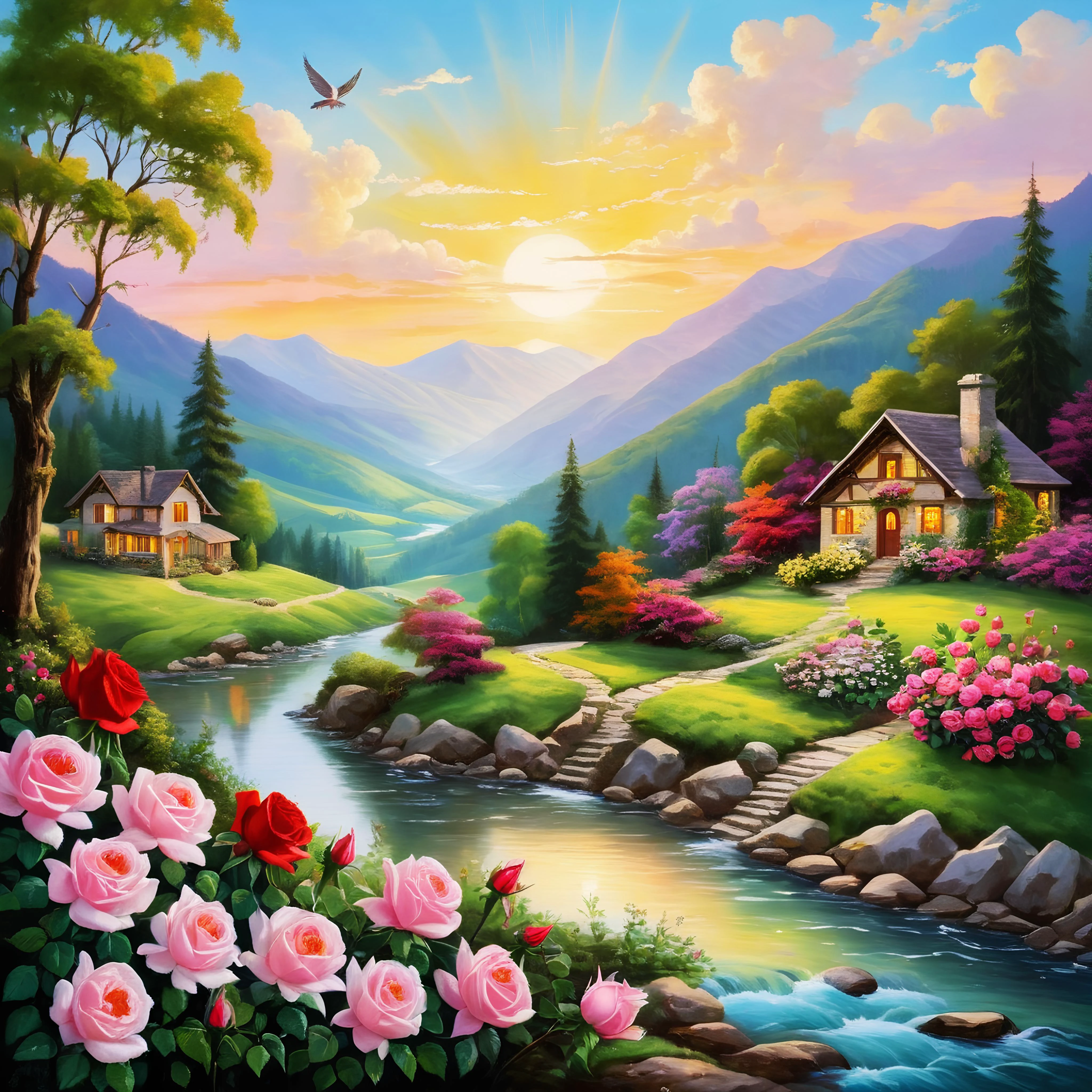 The sun is shining so brightly there,
Flooding the home mountains with light,
Roses bloom luxuriantly in the valleys,
And nightingales sing in the green forests,
masterpiece, high details,