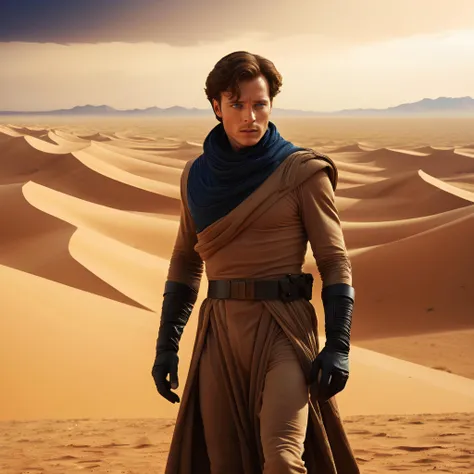 Dune movie style, professional realistic full-length photo of Paul Atreides in a desert on the planet Arrakis, 25 years old, deep blue eyes, sandstorm in the background, high details, masterpiece, epic, movie poster, modern, futuristic, colorful, full body photo, blurred background
