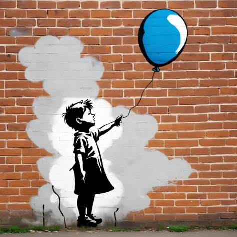 graffiti on a brick wall, a boy with a balloon, Banksy style, masterpiece