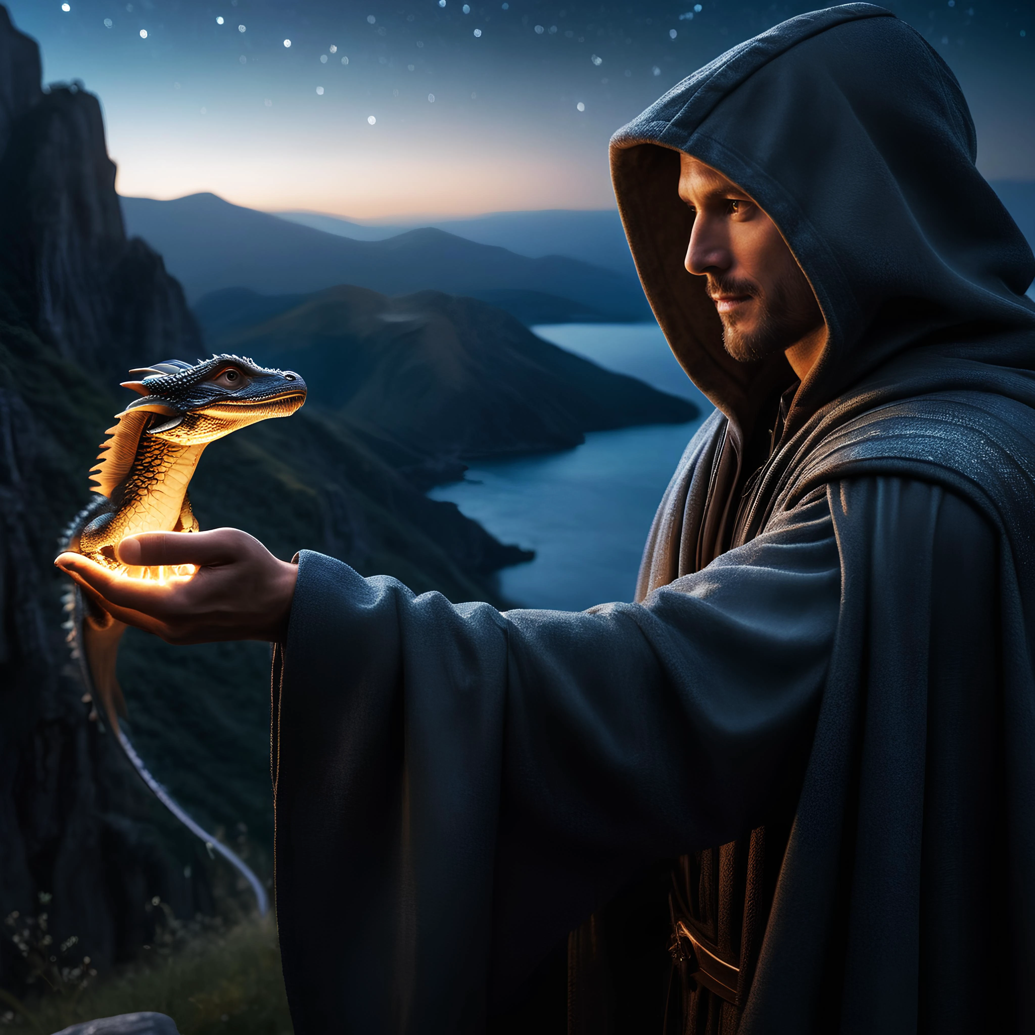 A professional photo of a man in a long gray hooded cloakwith a metallic sheen, extending his hand to approaching dragon, fantasy background with cliffs, mountains, dark starry night, photorealism, professional photo, blurry background, shot from side, DSLR photo, high details, masterpiece, epic, musculine, cinematic, dynamic, movie poster, hero
