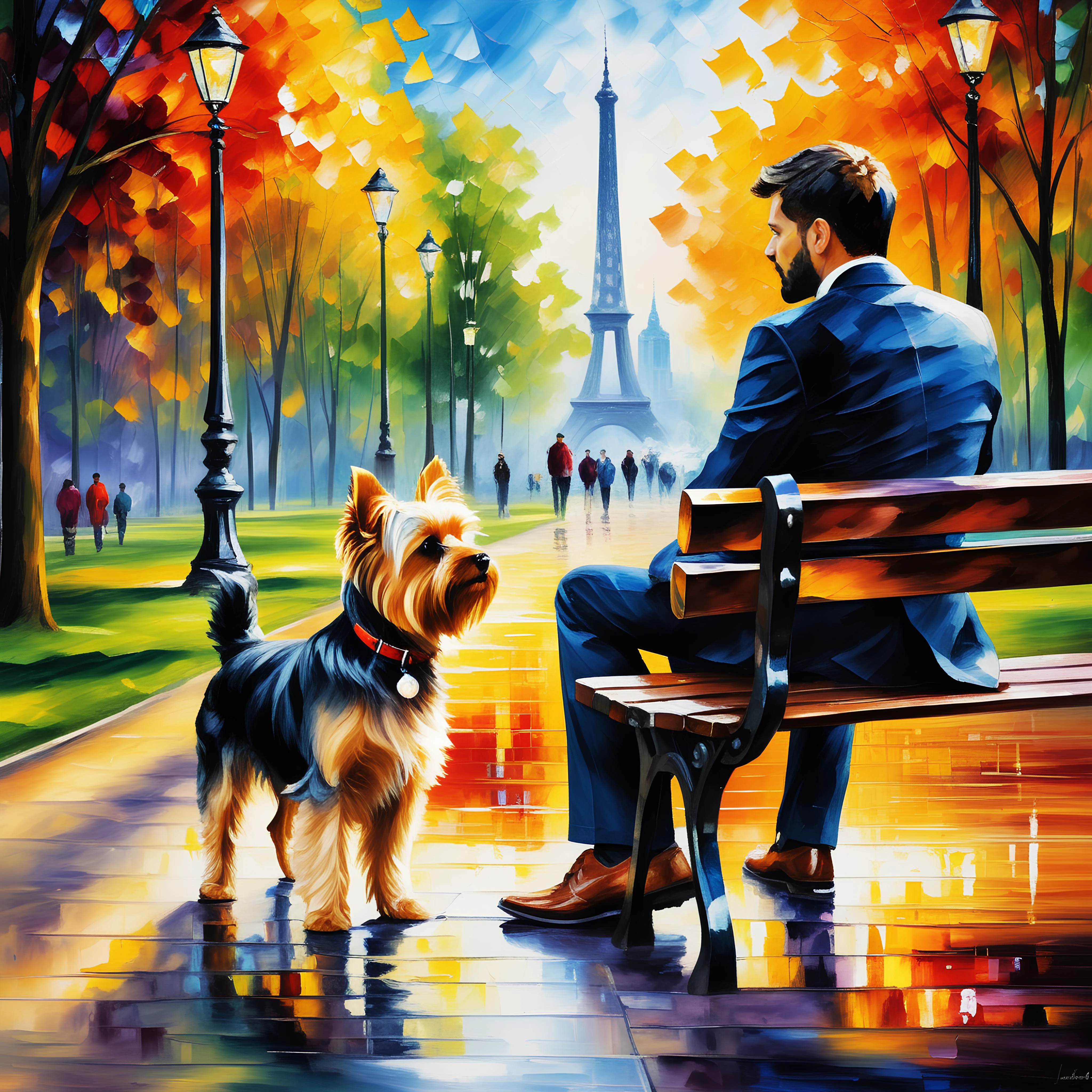 oil painting, 1cat++, 1dog, yorkshire terrier, sunny weather, city park, by Leonid Afremov, high details, dramatic, cinematic, vibrant, colorful", "text_l": "oil painting of a cat++ and a dog, yorkshire terrier, enjoying the sunny weather in the city park, by Leonid Afremov, high details, dramatic, cinematic, vibrant, colorful