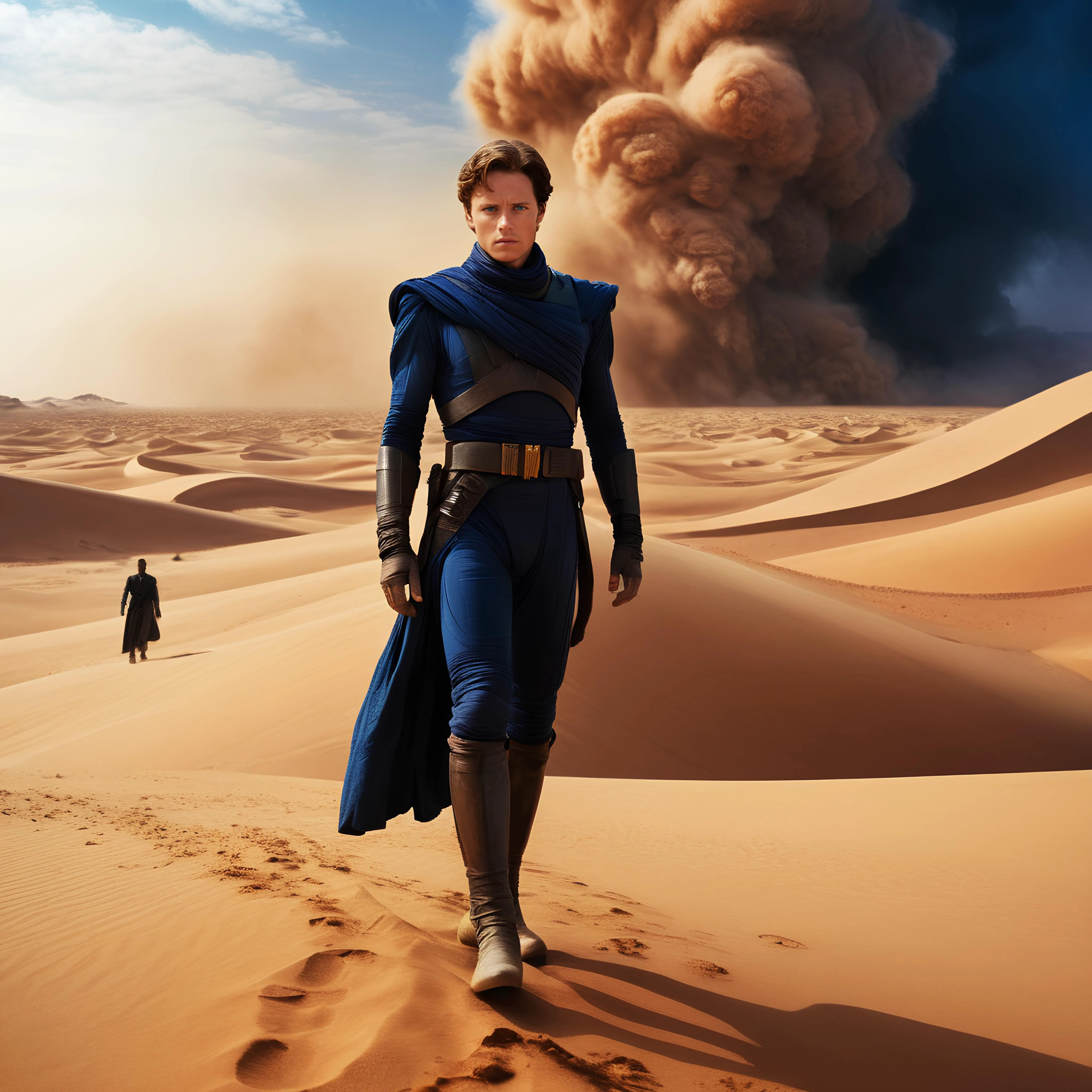 Dune movie style, professional realistic full-length photo of Paul Atreides in a desert on the planet Arrakis, 25 years old, deep blue eyes+++, sandstorm in the background, high details, masterpiece, epic, movie poster, modern, futuristic, colorful, full body photo
