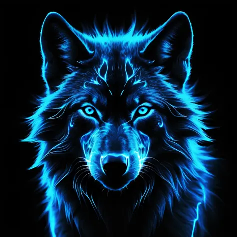 abstract luminous energy wolf silhouette with neon blue fractal light patterns on a black background, high contrast, digital art, high details, masterpiece, epic, 
