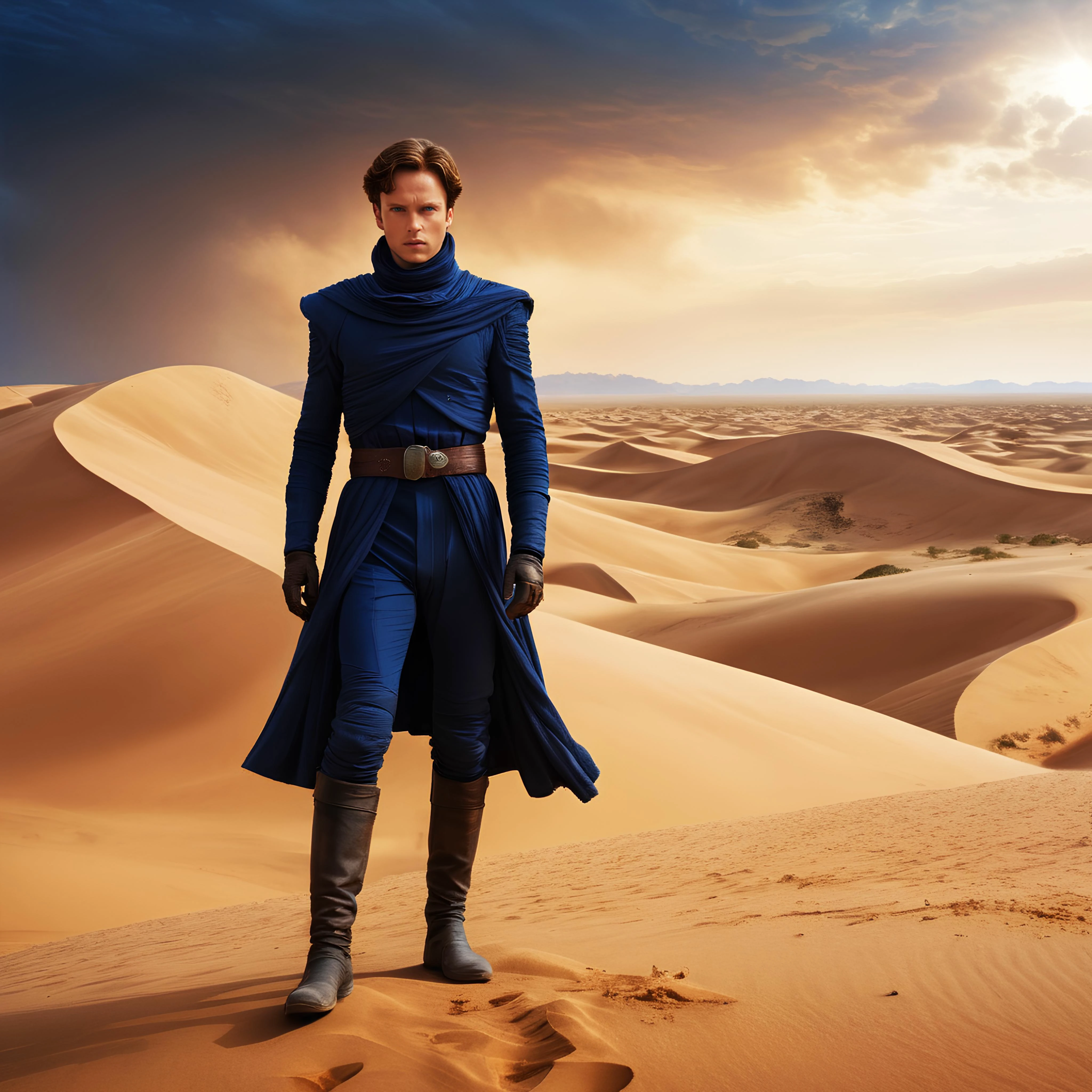 Dune style, professional realistic full-length photo of Paul Atreides in a desert on the planet Dune, 25 years old, deep blue eyes, high details, masterpiece, epic, movie poster, modern, futuristic, colorful, full body photo, sandstorm in the background