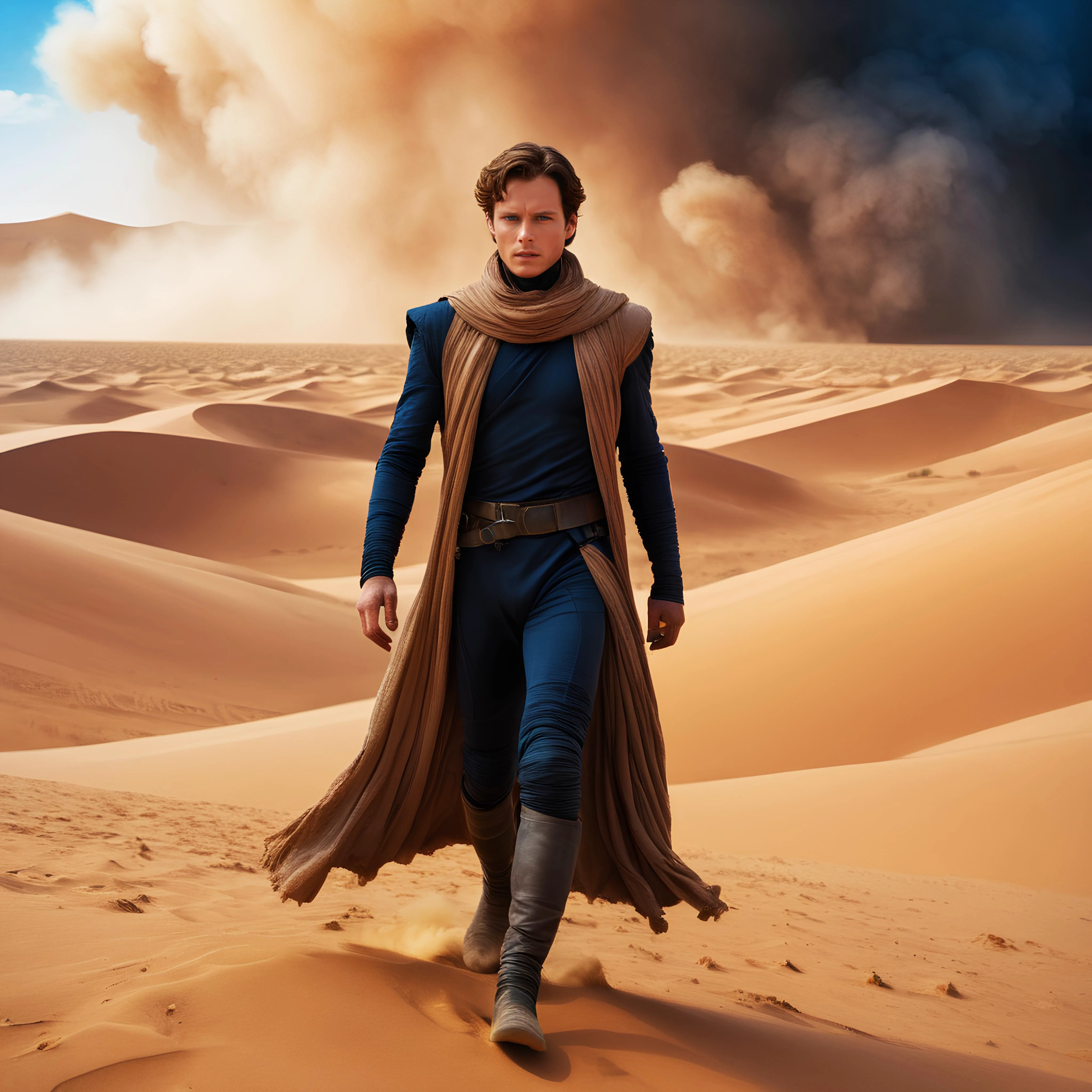 Dune movie style, professional realistic full-length photo of Paul Atreides in a desert on the planet Arrakis, 25 years old, deep blue eyes, sandstorm in the background, high details, masterpiece, epic, movie poster, modern, futuristic, colorful, full body photo, blurred background