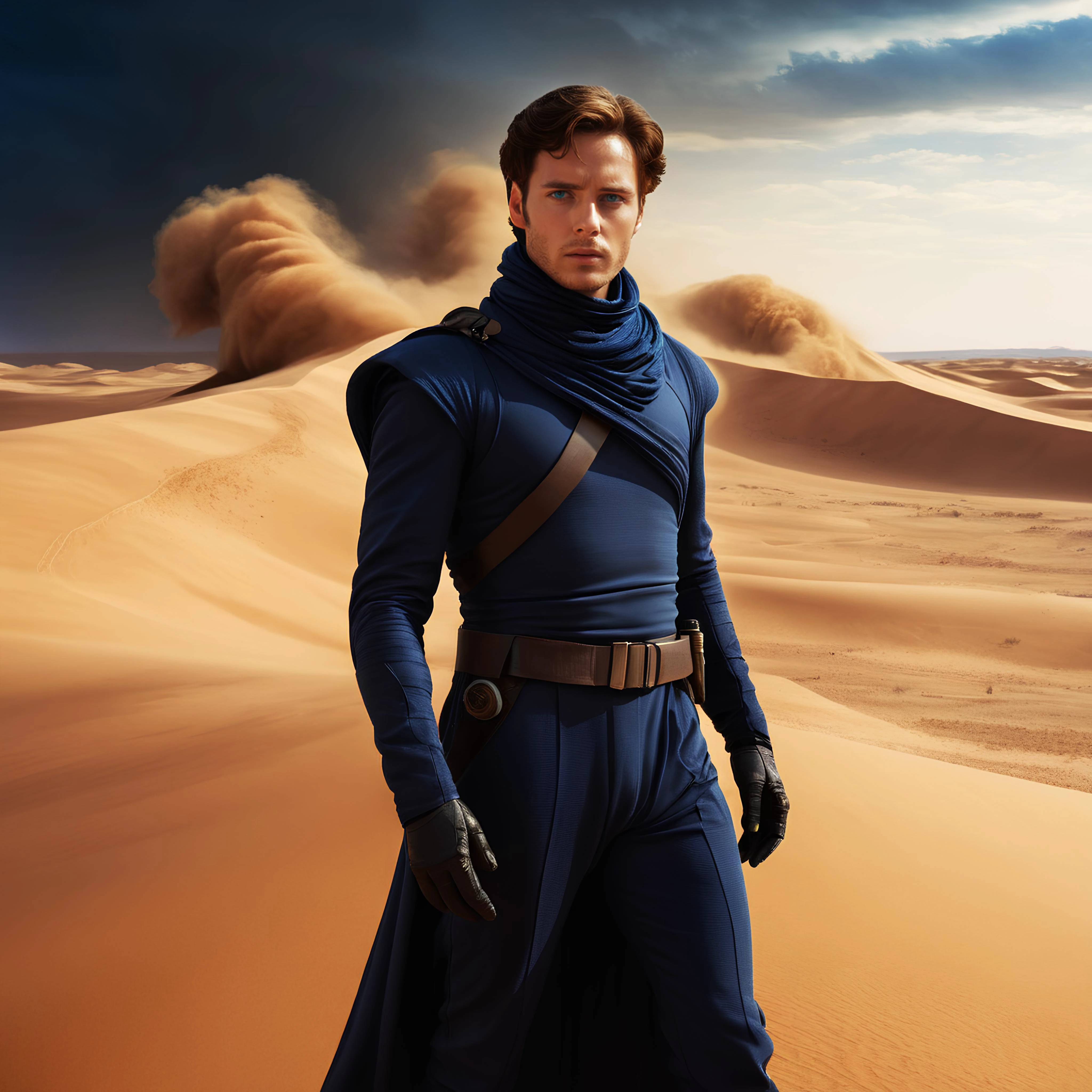 Dune style, professional realistic full-length photo of Paul Atreides in a desert on the planet Dune, 25 years old, deep blue eyes, high details, masterpiece, epic, movie poster, modern, futuristic, colorful, full body photo, sandstorm in the background