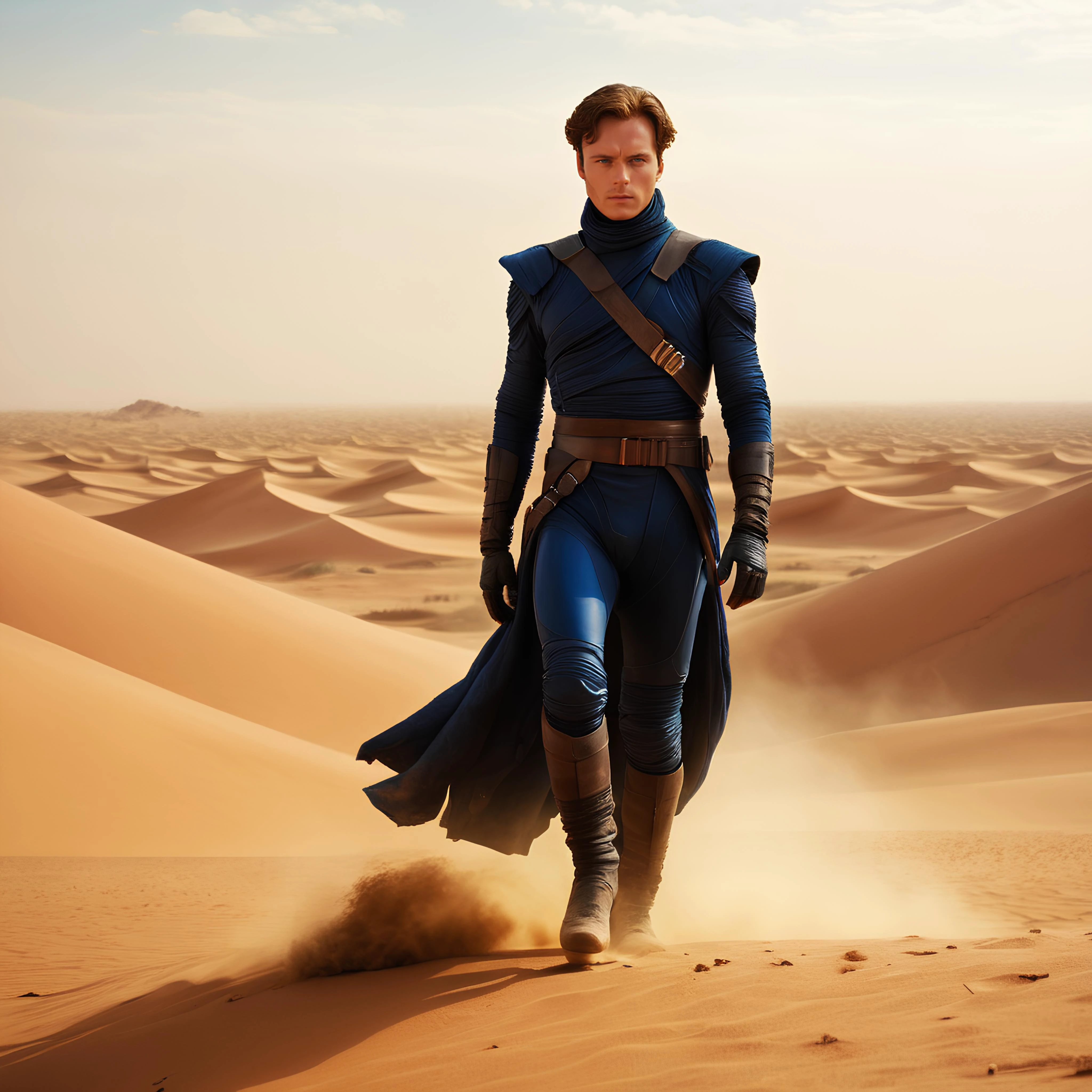 Dune movie style, professional realistic full-length photo of Paul Atreides in a desert on the planet Arrakis, 25 years old, deep blue eyes, sandstorm in the background, high details, masterpiece, epic, movie poster, modern, futuristic, colorful, full body photo, blurred background