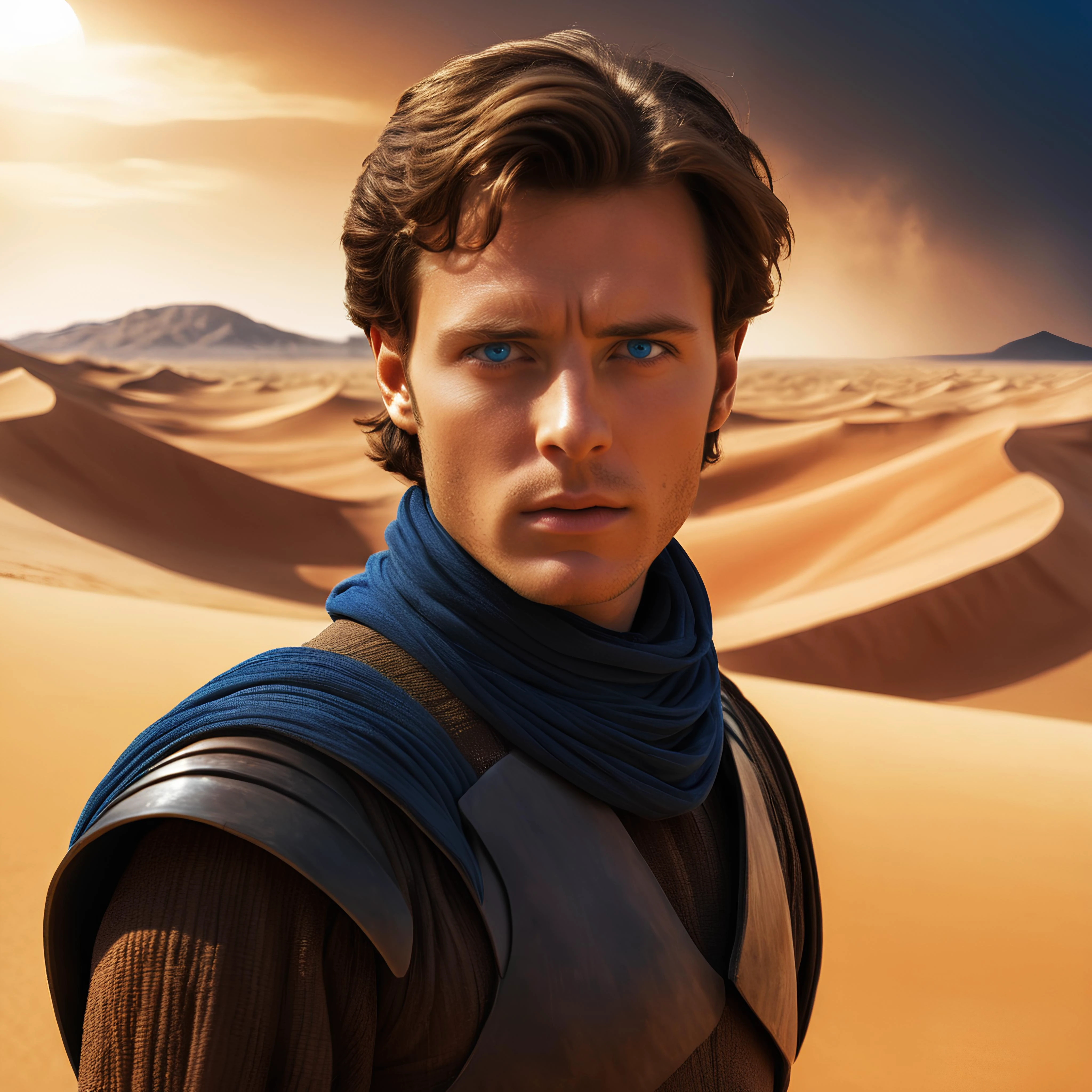 Dune movie style, professional realistic full-length photo of Paul Atreides in a desert on the planet Arrakis, 25 years old, deep blue eyes, sandstorm in the background, high details, masterpiece, epic, movie poster, modern, futuristic, colorful, full body photo, blurred background