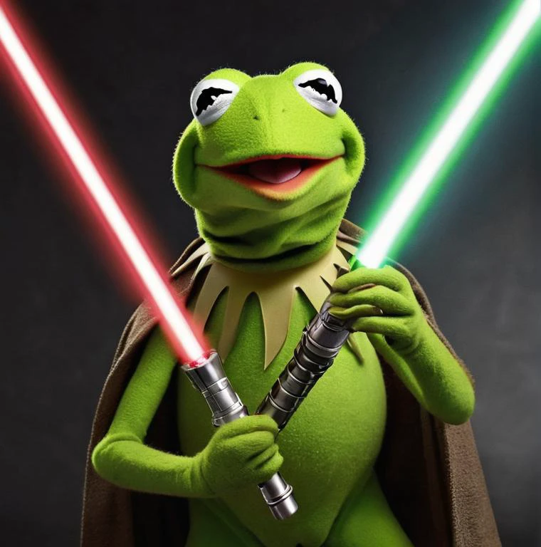 Hyperrealistic art foto, reality,
kermit with laser sword (star wars) . Extremely high-resolution details, photographic, realism pushed to extreme, fine texture, incredibly lifelike