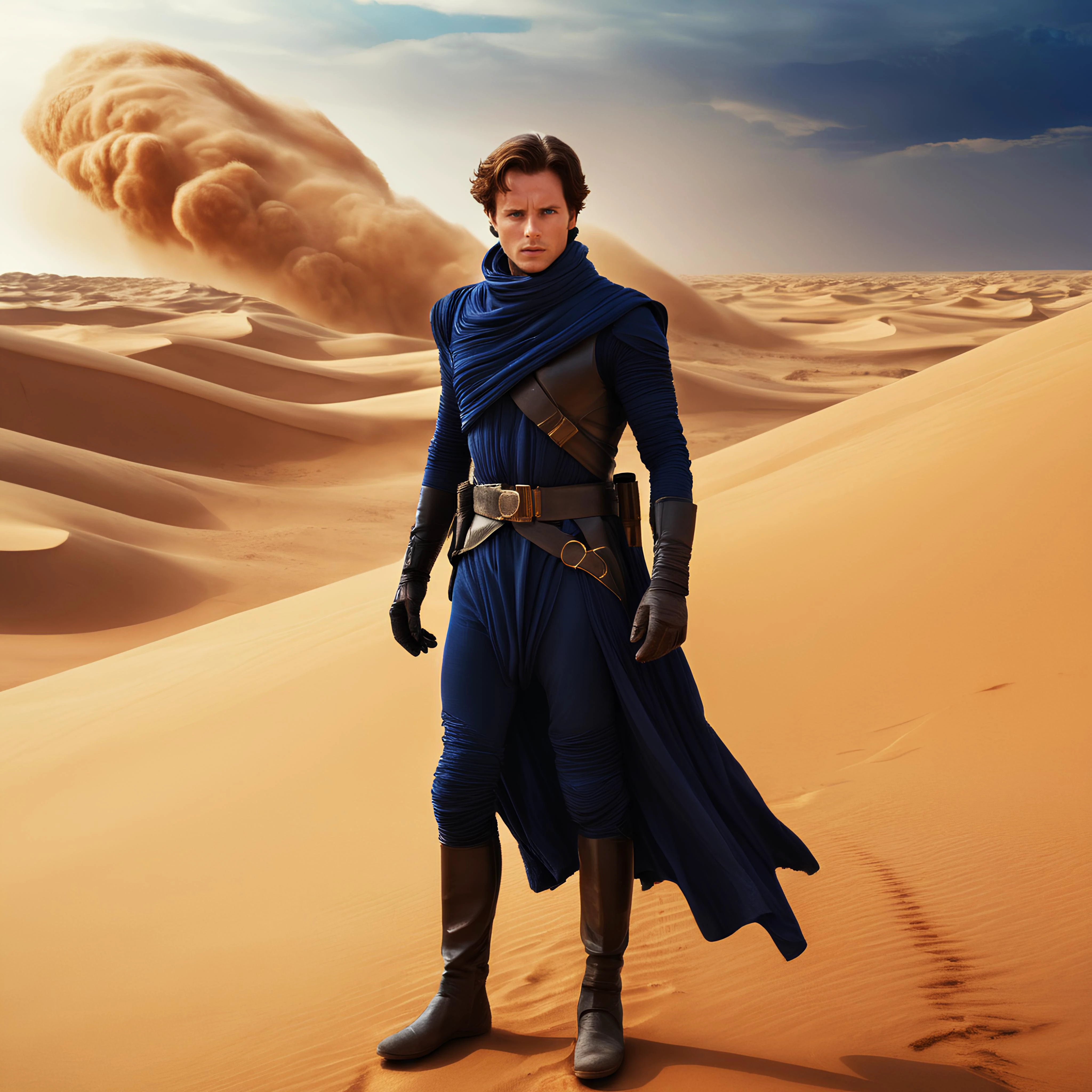 Dune movie style, professional realistic full-length photo of Paul Atreides in a desert on the planet Arrakis, 25 years old, deep blue eyes+++, sandstorm in the background, high details, masterpiece, epic, movie poster, modern, futuristic, colorful, full body photo