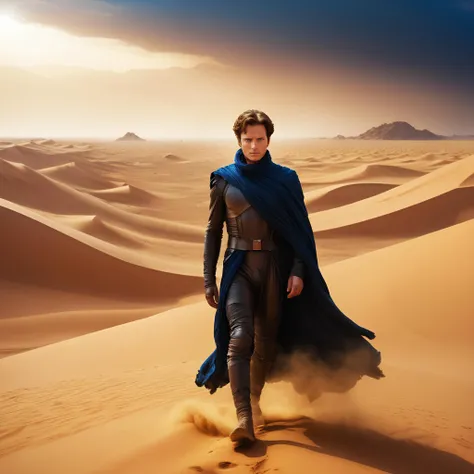 Dune movie style, professional realistic full-length photo of Paul Atreides in a desert on the planet Arrakis, 25 years old, deep blue eyes, sandstorm in the background, high details, masterpiece, epic, movie poster, modern, futuristic, colorful, full body photo, blurred background