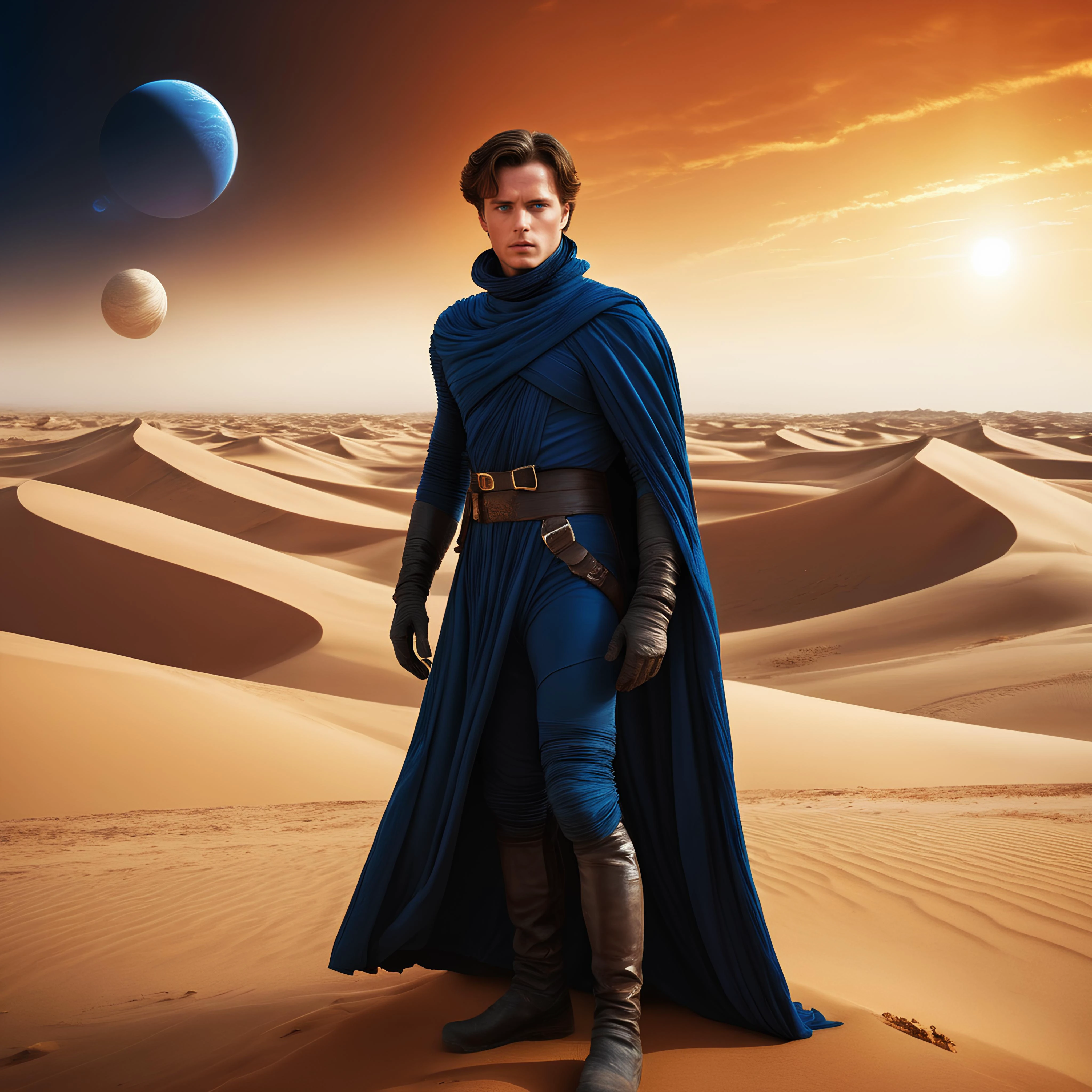 Dune style, professional realistic full-length photo of Paul Atreides in a desert on the planet Dune, 25 years old, deep blue eyes, high details, masterpiece, epic, movie poster, modern, futuristic, colorful, full body photo, sandstorm in the background