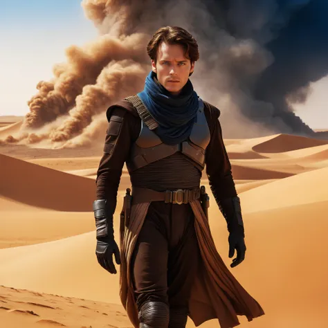 Dune movie style, professional realistic full-length photo of Paul Atreides in a desert on the planet Arrakis, 25 years old, deep blue eyes, sandstorm in the background, high details, masterpiece, epic, movie poster, modern, futuristic, colorful, full body photo, blurred background
