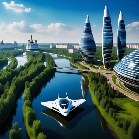 Beautiful Russia, 22 century. Beautiful fusion of nature, and futuristic architecture, flying cars and spaceships, professional photo, DSLR, hires, 16K, UHD, masterpeice, stunning view, 