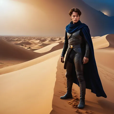 Dune style, professional realistic full-length photo of Paul Atreides in a desert on the planet Dune, 25 years old, deep blue eyes, high details, masterpiece, epic, movie poster, modern, futuristic, colorful, full body photo, sandstorm in the background