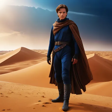 Dune movie style, professional realistic full-length photo of Paul Atreides in a desert on the planet Arrakis, 25 years old, deep blue eyes+++, sandstorm in the background, high details, masterpiece, epic, movie poster, modern, futuristic, colorful, full body photo
