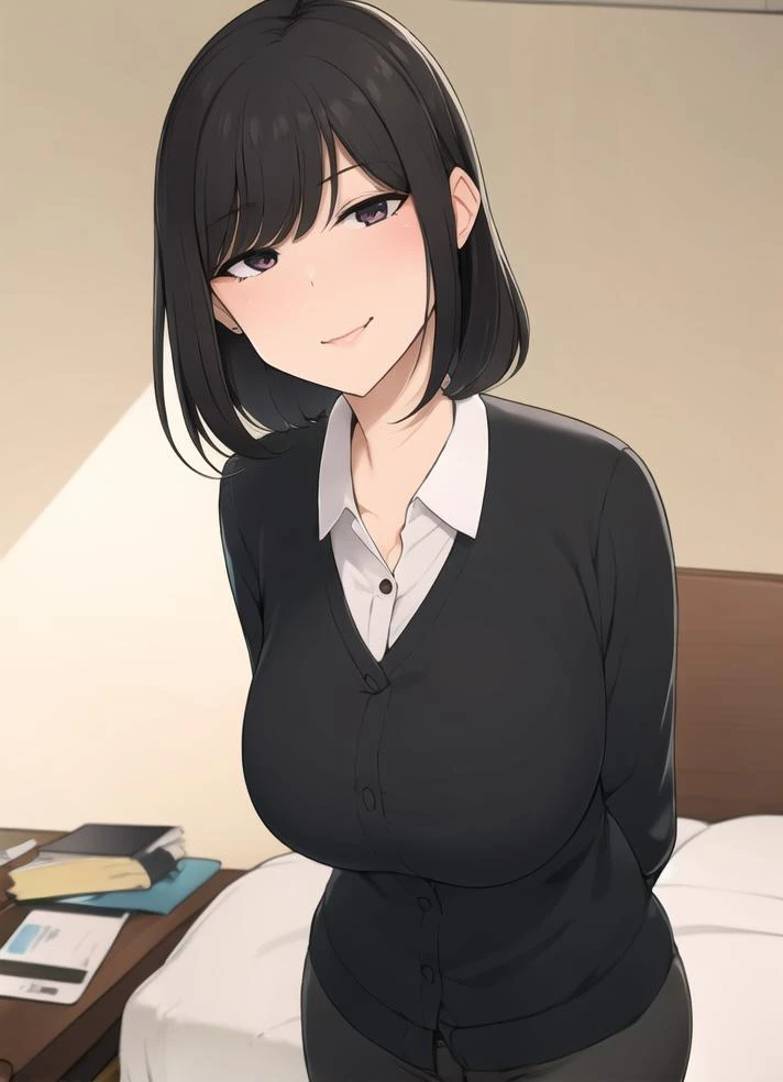 girl, black hair, hime_cut, blunted_bangs,  gradient eyes, perfect skin, perfect lighting, simple background, bedroom eyes, smirk, natural sagging breasts, arms_behind_back, white_background, seductive_smile, straight-on, red eyeshadow, shirt, cardigan, sweater, pencil skirt, looking_at_viewer, smug, straight-on, solo, 
<lora:homebrew_Wakamatsu372:0.8>